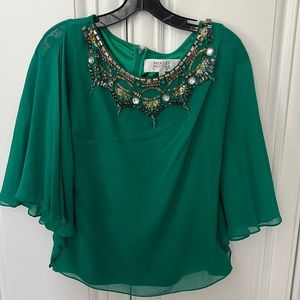 Badgley Mischka green chiffon blouse with jeweled neckline. Size small